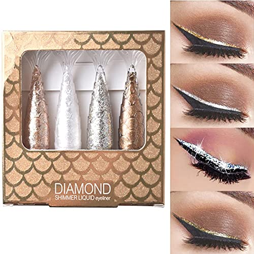 Juego de delineador de ojos líquido de 4 colores, delineador de ojos de sirena de diamante con brillo metálico, juego de delineador de ojos brillante de larga duración a prueba de agua (A)