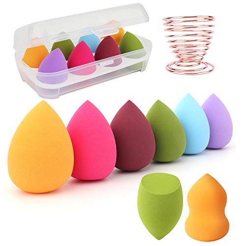 Juego de esponjas de maquillaje: mezclador de esponjas de maquillaje de 8 piezas + 1 estante de secado de esponjas de maquillaje, adecuado para corrector de rubor, sombra de ojos, polvo, crema, polvo