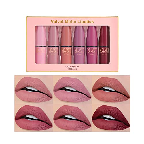 Juego de pintalabios mate de 6 colores, pintalabios de terciopelo, mate resistente al agua, taza antiadherente, juego de regalo de maquillaje de labios para niñas y mujeres