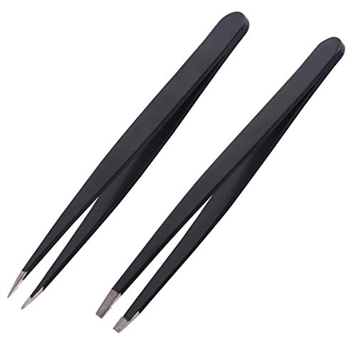 Juego de pinzas para cejas, paquete de 2 pinzas inclinadas de precisión profesionales de acero inoxidable y pinzas para cejas puntiagudas para depilar el vello encarnado y el vello facial
