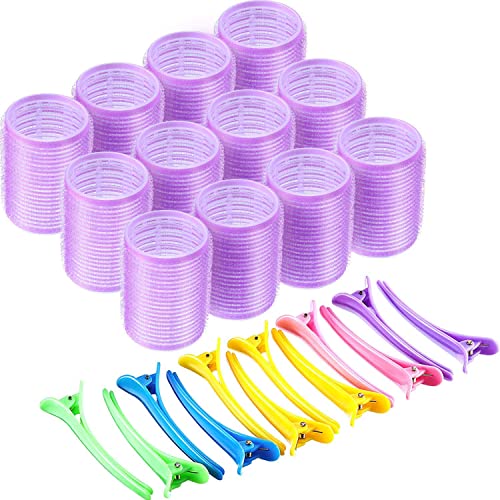 Juego de Rulo de Pelo Auto Agarre de 44 mm 12 Rulos Grandes de Auto Sostenerse y 12 Pinzas de Pelo de Dientes de Pato de Plástico de Multicolor para Mujeres Hombres y Niños (44 mm, 24 Piezas)
