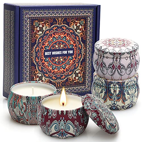 Juego de Velas Perfumadas de 4 Piezas, Velas Perfumadas de Regalo, 4 x 4,4 Oz, Regalo para Aliviar el Estrés de las Mujeres, Juego de Regalo para Aniversario, Navidad, Día de San Valentín, Baño, Yoga