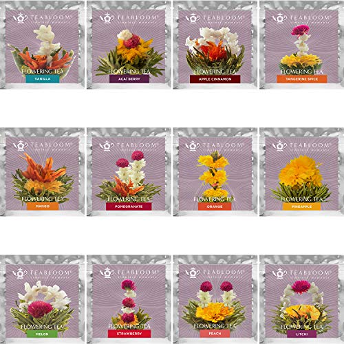 Juego regalo de 12 tés florecientes de frutas de Teabloom - 12 variedades de té en flor - Té verde & bote regalo de sabores de frutas