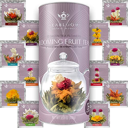 Juego regalo de 12 tés florecientes de frutas de Teabloom - 12 variedades de té en flor - Té verde & bote regalo de sabores de frutas