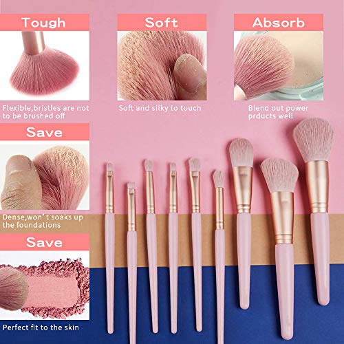 Juegos de Brochas de Maquillaje 8 Piezas Profesionales, Incluyen Brocha para Base/Brocha para Sombra de Ojos/Brocha para Rubor, etc, Juego de Brochas para Maquillaje Viaje con Bolsa Cuero PU (Rosa)