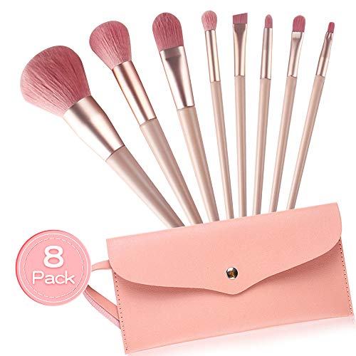 Juegos de Brochas de Maquillaje 8 Piezas Profesionales, Incluyen Brocha para Base/Brocha para Sombra de Ojos/Brocha para Rubor, etc, Juego de Brochas para Maquillaje Viaje con Bolsa Cuero PU (Rosa)