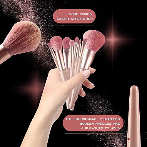 Juegos de Brochas de Maquillaje 8 Piezas Profesionales, Incluyen Brocha para Base/Brocha para Sombra de Ojos/Brocha para Rubor, etc, Juego de Brochas para Maquillaje Viaje con Bolsa Cuero PU (Rosa)