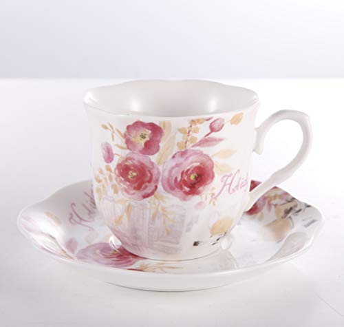 Juegos Tazas de Café Porcelana Vintage - 7OZ/220ML Conjuntos de Taza y Platillo Inglesa Patrón de Rosa Flores Set de 6 Tazas de Té/Cappuccino