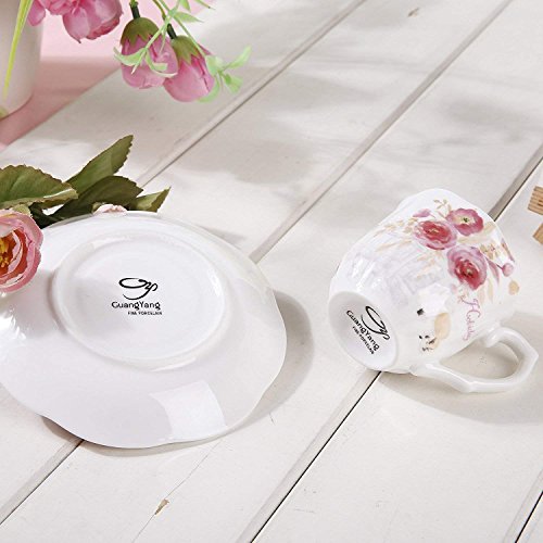 Juegos Tazas de Café Porcelana Vintage - 7OZ/220ML Conjuntos de Taza y Platillo Inglesa Patrón de Rosa Flores Set de 6 Tazas de Té/Cappuccino