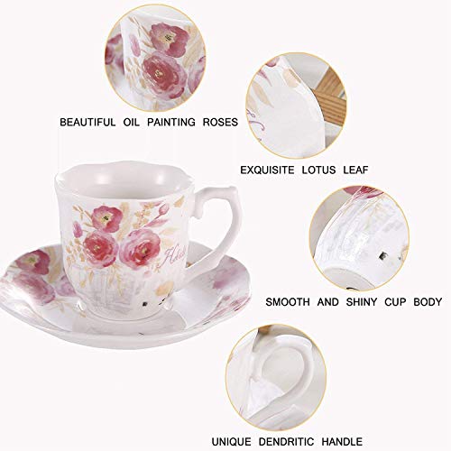 Juegos Tazas de Café Porcelana Vintage - 7OZ/220ML Conjuntos de Taza y Platillo Inglesa Patrón de Rosa Flores Set de 6 Tazas de Té/Cappuccino