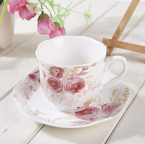 Juegos Tazas de Café Porcelana Vintage - 7OZ/220ML Conjuntos de Taza y Platillo Inglesa Patrón de Rosa Flores Set de 6 Tazas de Té/Cappuccino