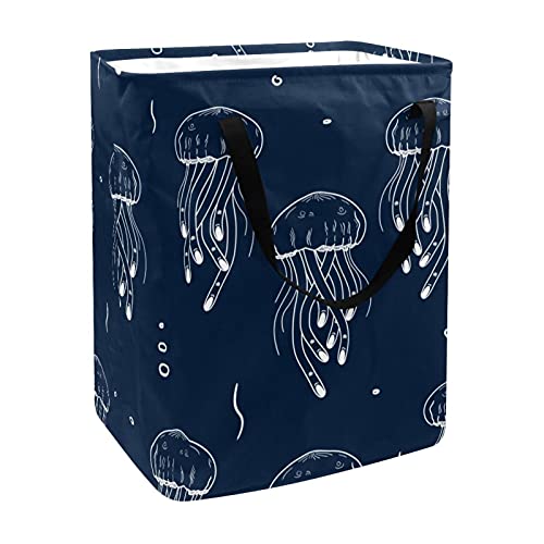 Juguetes plegables / Cesta de almacenamiento de libros Cesto de lavandería con asas y soportes desmontables Clasificador de ropa sucia Medusas marinas Fondo azul marino