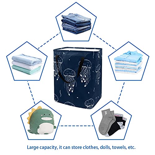 Juguetes plegables / Cesta de almacenamiento de libros Cesto de lavandería con asas y soportes desmontables Clasificador de ropa sucia Medusas marinas Fondo azul marino
