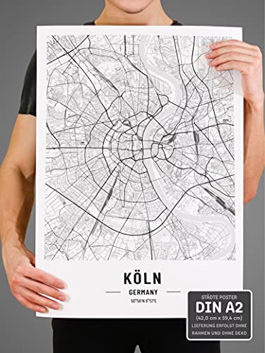 JUNOMI® Póster XL de Colonia, en Blanco y Negro, DIN A2, decoración Moderna para el salón, Cuadro de Colonia, Cuadro sin Marco, Mapa de la Ciudad de Colonia