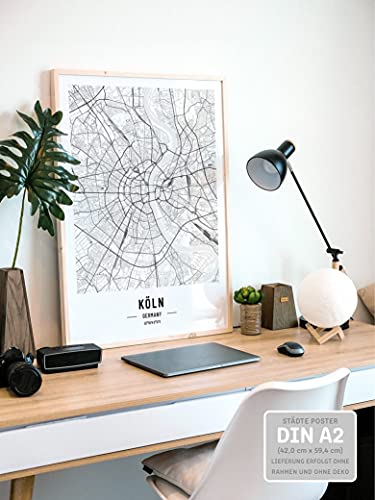 JUNOMI® Póster XL de Colonia, en Blanco y Negro, DIN A2, decoración Moderna para el salón, Cuadro de Colonia, Cuadro sin Marco, Mapa de la Ciudad de Colonia