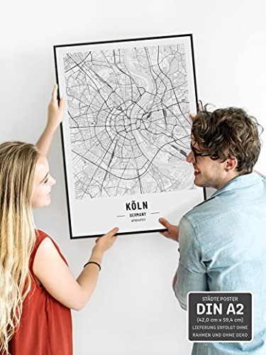 JUNOMI® Póster XL de Colonia, en Blanco y Negro, DIN A2, decoración Moderna para el salón, Cuadro de Colonia, Cuadro sin Marco, Mapa de la Ciudad de Colonia