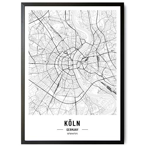 JUNOMI® Póster XL de Colonia, en Blanco y Negro, DIN A2, decoración Moderna para el salón, Cuadro de Colonia, Cuadro sin Marco, Mapa de la Ciudad de Colonia