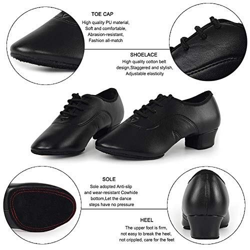 JUODVMP Zapatos Baile Latino Hombre de los de Cuero Lace up estándar Tango latín Jazz Moderno Performance Danza Zapatos,Modelo WLL518-2-2M,Negro-3.5CM Heel-39 EU