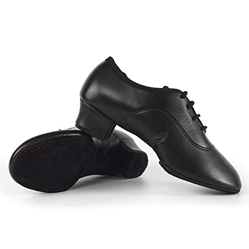 JUODVMP Zapatos Baile Latino Hombre de los de Cuero Lace up estándar Tango latín Jazz Moderno Performance Danza Zapatos,Modelo WLL518-2-2M,Negro-3.5CM Heel-39 EU