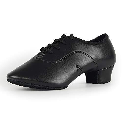 JUODVMP Zapatos Baile Latino Hombre de los de Cuero Lace up estándar Tango latín Jazz Moderno Performance Danza Zapatos,Modelo WLL518-2-2M,Negro-3.5CM Heel-39 EU