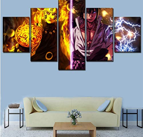 JYSHC Pintura De Lienzo Naruto Vs Sasuke Cuadro De Arte De Pared Sala De Estar Decoración del Hogar Kx94Vn 150X100Cm 5 Piezas Sin Marco