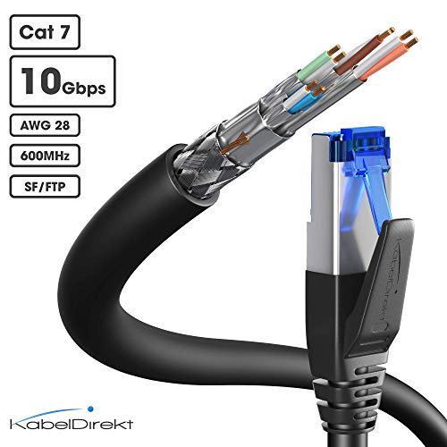 KabelDirekt – 1,5m – Cable de Ethernet Cat7 y Cable de Parche y Cable de Red (10Gbit/s, Conector RJ45, para máxima Velocidad de Fibra óptica, blindaje Triple SF/FTP particularmente Seguro, Negro)