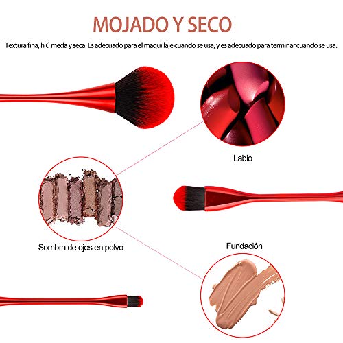 kabinga Cepillo de Maquillaje de Cintura pequeña de 10 Piezas (con Caja de Almacenamiento), Base sintética avanzado, Pincel de Polvo, Corrector de Sombra de Ojos, Rojo, Women's, Small