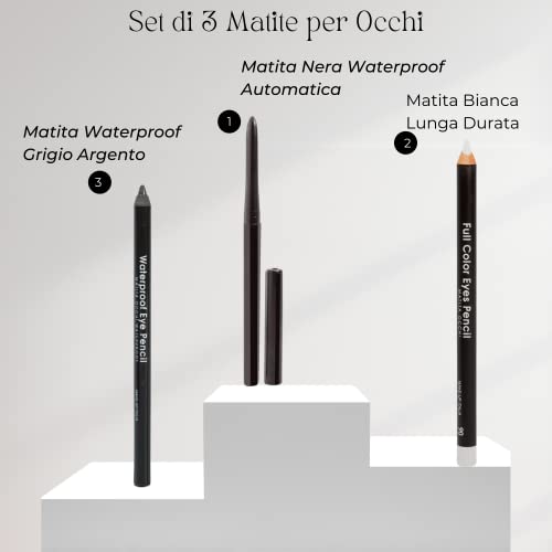 Kajal - Lápiz de ojos negro resistente al agua, automático, tres lápices de ojos de larga duración, negro y blanco y plateado