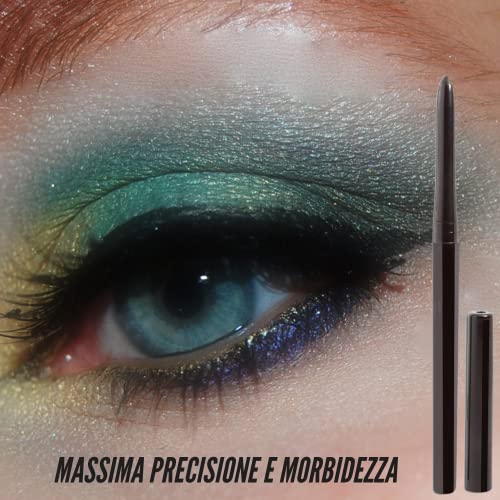 Kajal - Lápiz de ojos negro resistente al agua, automático, tres lápices de ojos de larga duración, negro y blanco y plateado