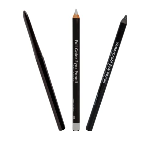Kajal - Lápiz de ojos negro resistente al agua, automático, tres lápices de ojos de larga duración, negro y blanco y plateado