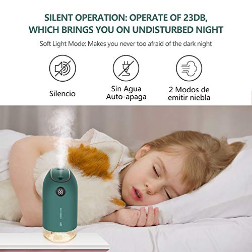 KANINO Humidificador Ultrasónico 500ML Portátil, Humidificador de Bebes con Luces Nocturnas Apagado Automático, Mini humificadores de Casa con 2 Filtros de Algodón para Hogar, Oficina, Yoga (Verde)