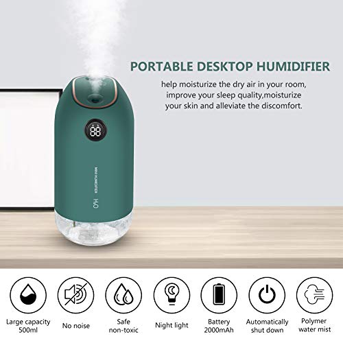 KANINO Humidificador Ultrasónico 500ML Portátil, Humidificador de Bebes con Luces Nocturnas Apagado Automático, Mini humificadores de Casa con 2 Filtros de Algodón para Hogar, Oficina, Yoga (Verde)
