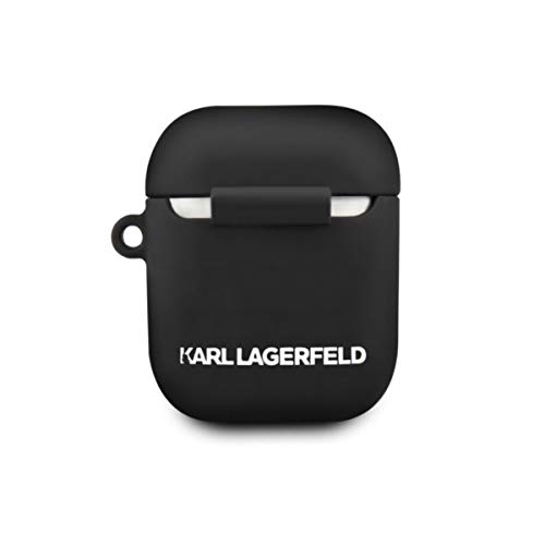 Karl Lagerfeld Funda Compatible con Airpods 1 y 2 – Carcasa de Silicona – Mosquetón Incluido – Cabeza de Karl en Relieve (Negro)