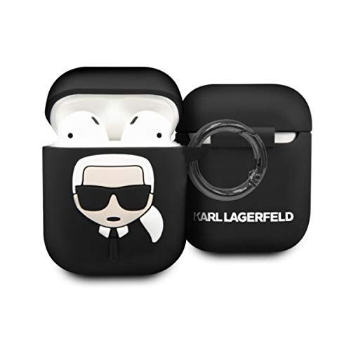 Karl Lagerfeld Funda Compatible con Airpods 1 y 2 – Carcasa de Silicona – Mosquetón Incluido – Cabeza de Karl en Relieve (Negro)