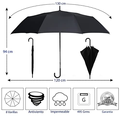 KARNIBAL Paraguas Grande XL Resistente Al Viento, Paraguas Mujer Hombre Negro Extra Grande, Paraguas Antiviento Dama o Caballero, Paraguas Automático Con Varillas Reforzadas, 120cm De Diámetros.