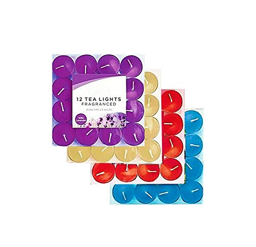 KAV Paquete de 48 velas aromáticas | Velas de té perfumadas | Vela para bodas | Navidad | Spa | Decoración del hogar | Bayas frescas, lavanda silvestre, vainilla, primavera de montaña