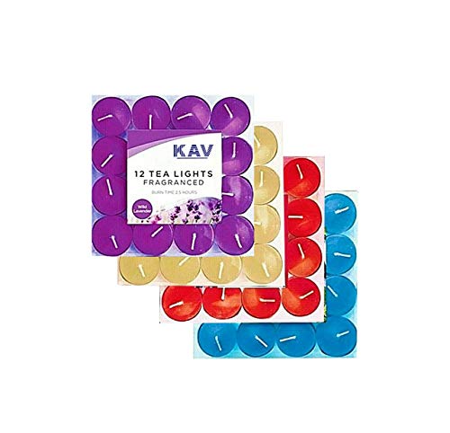 KAV Paquete de 48 velas aromáticas | Velas de té perfumadas | Vela para bodas | Navidad | Spa | Decoración del hogar | Bayas frescas, lavanda silvestre, vainilla, primavera de montaña