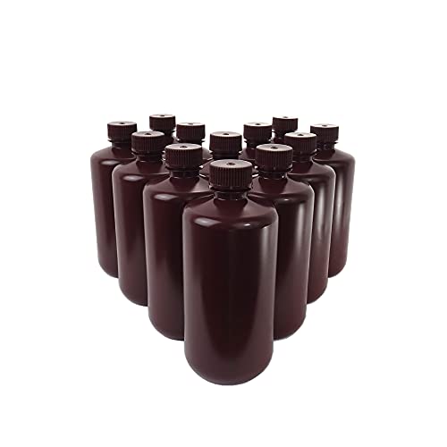 KENZIUM - Pack 12 x Frascos con Tapón | Cuello Estrecho | 500 ml | Ámbar | De Plástico HDPE | Para Laboratorio | Ideal para el Almacenamiento Muestras Sólidas y Líquidas