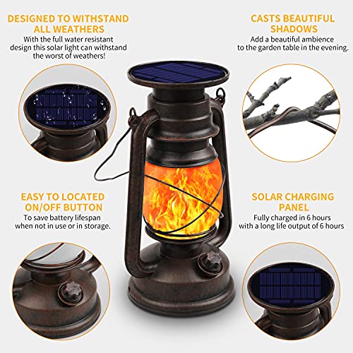 KINGLEAD Farolillos Solares Exterior,Linterna Solar Vintage Exteriores Lampara Solar Jardin Exterior IP65 Impermeable Farol Solar Exterior con Efecto Llama Decorativas para Acampar,Jardín,Porche