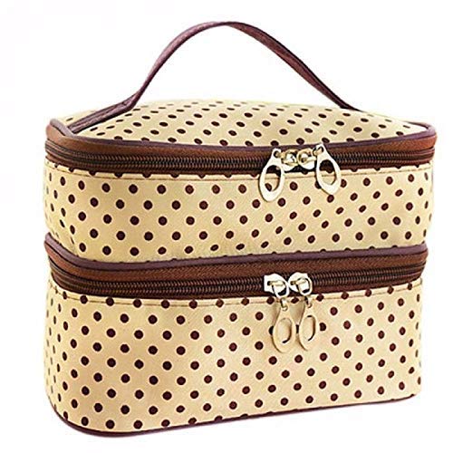 KIRALOVE - Porta maquillaje neceser contenedor cosméticos accesorios belleza maquillaje maquillaje lunares beige y marrón dos cremalleras dos compartimentos espejo niña mujer