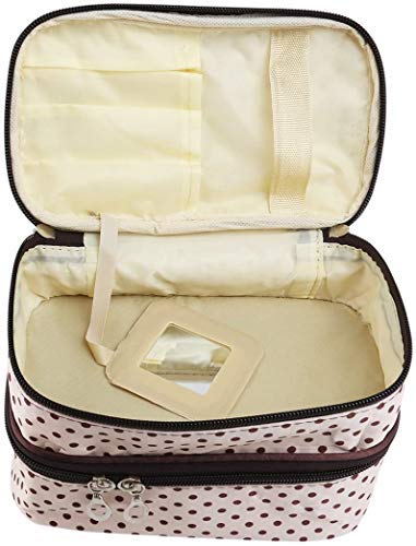 KIRALOVE - Porta maquillaje neceser contenedor cosméticos accesorios belleza maquillaje maquillaje lunares beige y marrón dos cremalleras dos compartimentos espejo niña mujer