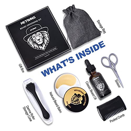 Kit Barba Cuidado para Hombre, METRANS Kit Crecimiento Barba, Derma Roller Aceite Barba Bálsamo Barba para Crece Barba Peine Barba Tijeras Barba Bolsa, Regalo para Hombre