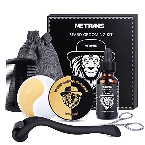 Kit Barba Cuidado para Hombre, METRANS Kit Crecimiento Barba, Derma Roller Aceite Barba Bálsamo Barba para Crece Barba Peine Barba Tijeras Barba Bolsa, Regalo para Hombre