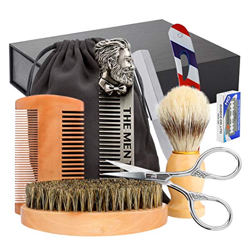 Kit Barba Cuidado Para Hombres, Achort Set Herramientas de Aseo y Cepillo, Peine, Tijeras, Mejores Regalos para Lui