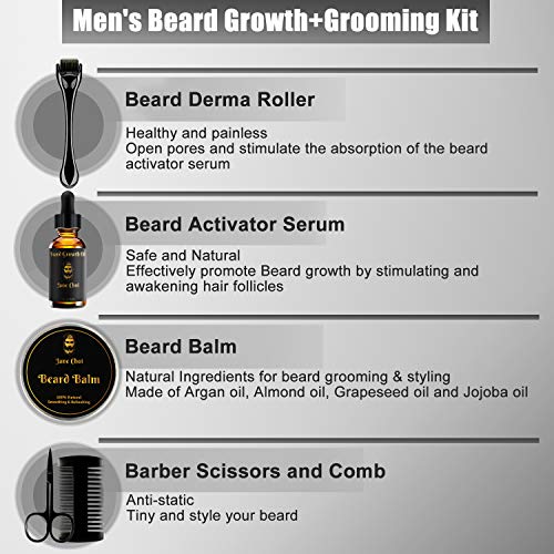 Kit crecimiento de barba, rodillo de derma para barba + suero activador de crecimiento de barba + bálsamo para barba + peine para barba + tijeras para barba 5 en 1 regalo la barba