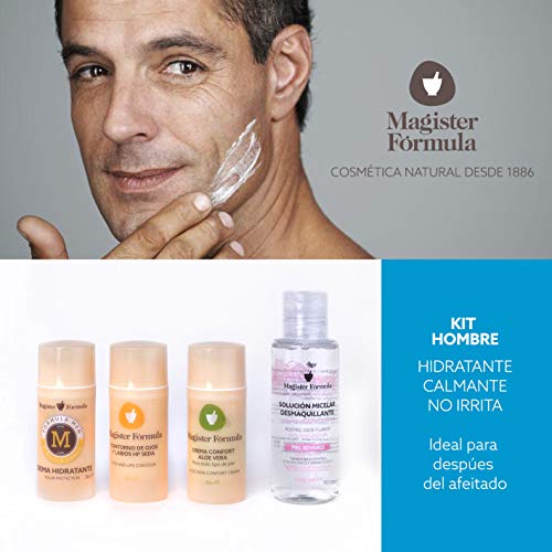 Kit de Cosmética Natural Hombre | Caja Cosmética con 4 cremas: Aloe Vera Confort | Hidratante Hombre | Contorno Ojos y Labios HP Seda y de REGALO Agua Micelar Desmaquillante | Magister Formula