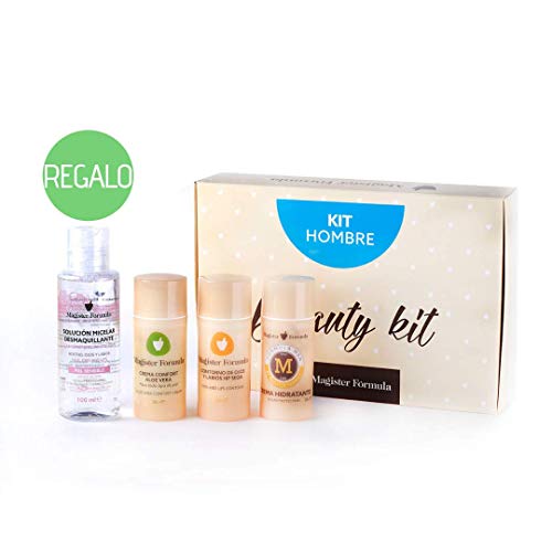 Kit de Cosmética Natural Hombre | Caja Cosmética con 4 cremas: Aloe Vera Confort | Hidratante Hombre | Contorno Ojos y Labios HP Seda y de REGALO Agua Micelar Desmaquillante | Magister Formula