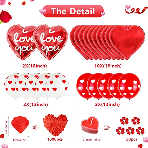 Kit de Decoración de San Valentín,Globos de San Valentín Petalos de Rosa Artificiales Velas Romanticas Globos Corazon LOVE Globos por Sorpresa Romantica Día de San Valentín Aniversario Propuesta