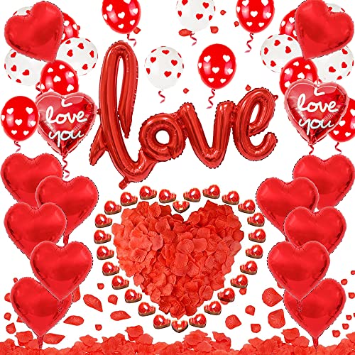 Kit de Decoración de San Valentín,Globos de San Valentín Petalos de Rosa Artificiales Velas Romanticas Globos Corazon LOVE Globos por Sorpresa Romantica Día de San Valentín Aniversario Propuesta