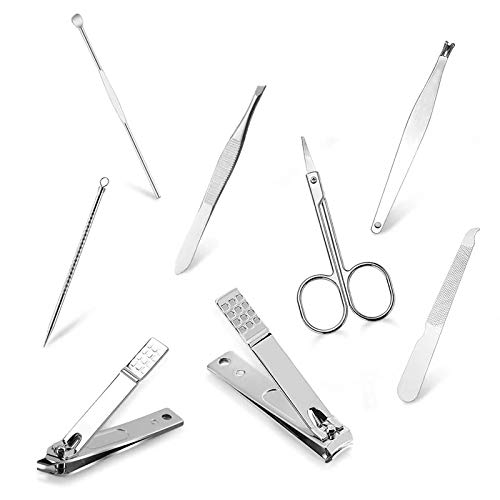 Kit de Manicura Pedicura 8pieza Acero Inoxidable Cortaúñas Tijeras de Cejas Uñas Lima Orejas Palillo Empujador de Cutículas Pinzas de Cejas Aguja para el acné Cuidado de uñas para Hombre Mujer